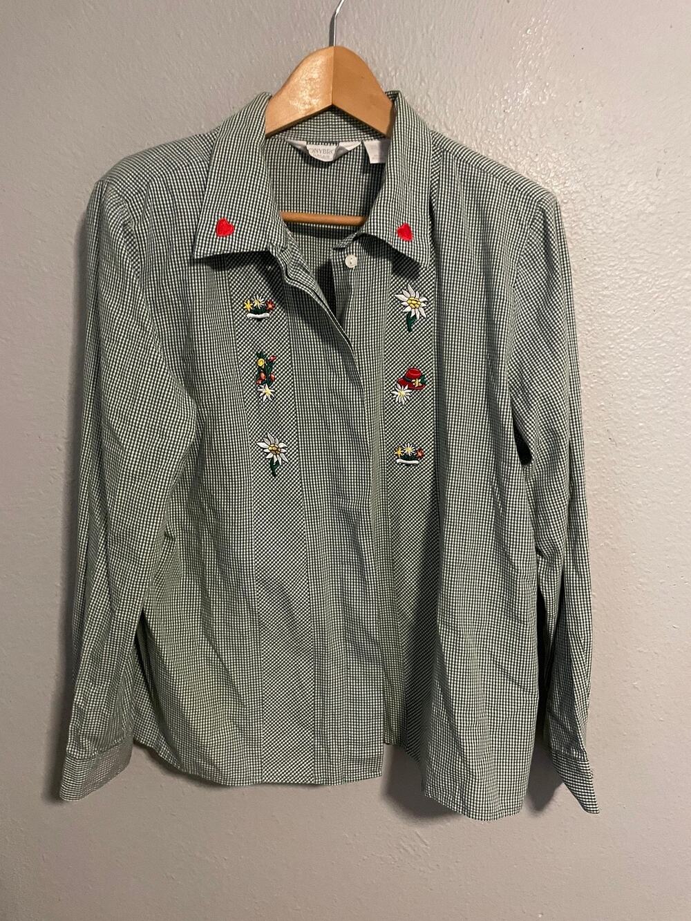 Vintage Stonybrook Top Womens Size 14 Green Gingham Embroidered Cottagecore 90s